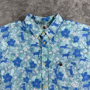 Southern Proper Men’s Floral Dog Hawaiian Print Button Down Shirt Blue Teal XXL